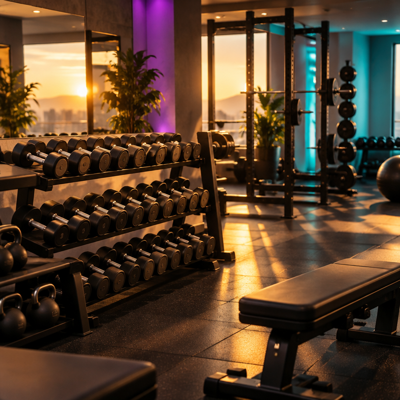 Sala pesi di SPZ Fitness Club con luci viola e turchese